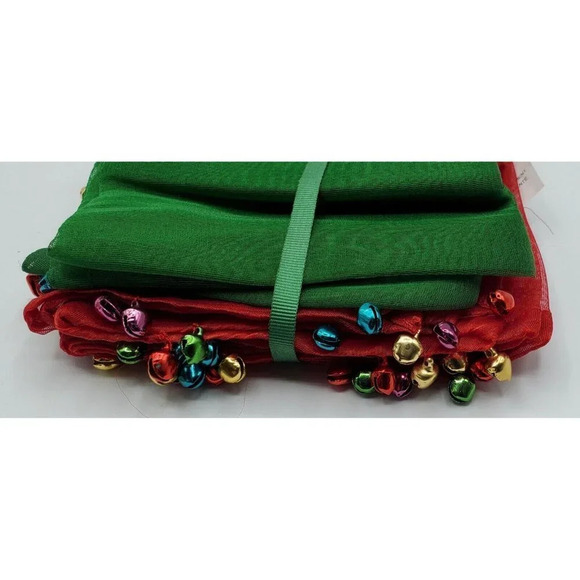 Pier 1 Red Green Sheer Napkins Set of 4 with Red Green Jingle Bells NWT - Picture 2 of 9